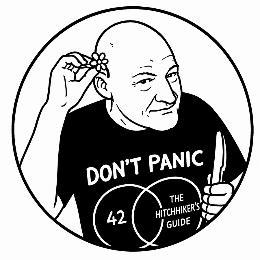 Gezeichnetes Porträt von Jörg Fakler mit T-Shirt-Aufdruck „Don't Panic“, der Zahl 42 und einer Anspielung auf „The Hitchhiker's Guide“; er steckt sich eine Blume hinters Ohr.