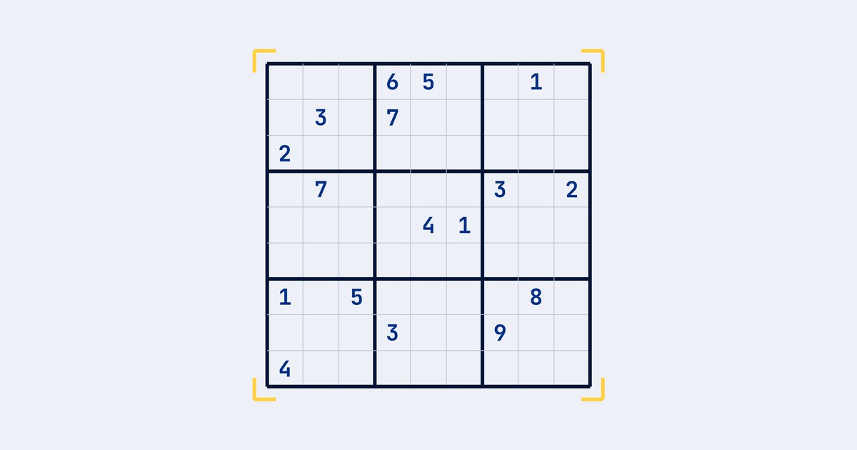 Ein leeres Sudoku-Raster mit nur siebzehn eingetragenen Ziffern — der kleinstmöglichen Zahl, mit der ein Sudoku noch eindeutig lösbar ist