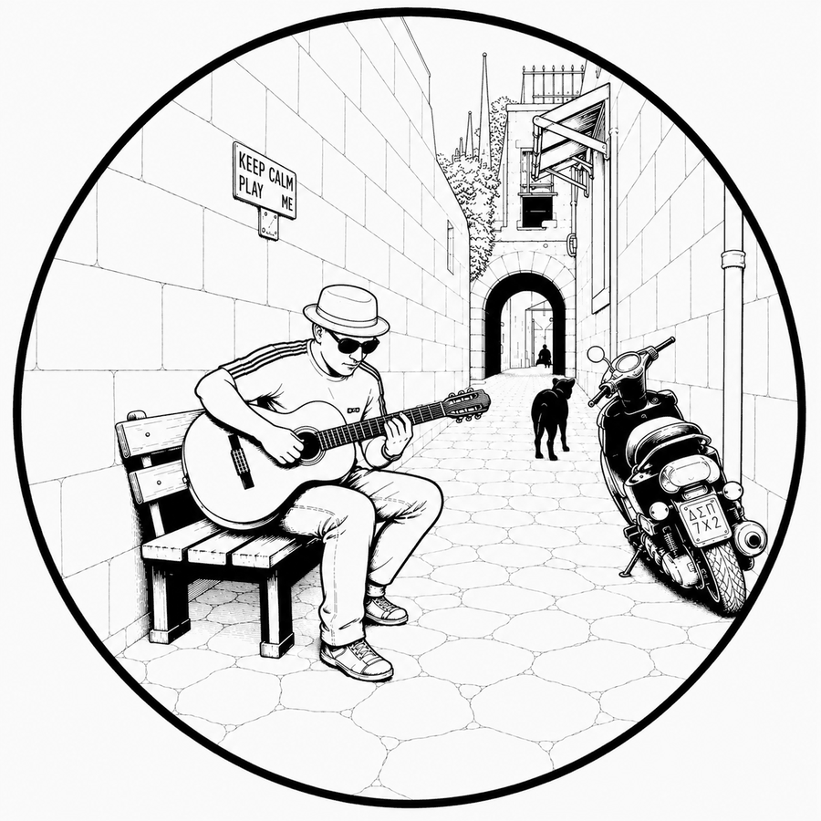 Gezeichnete Szene in einer Altstadtgasse: ein Mann mit Hut und Sonnenbrille sitzt auf einer Bank und spielt Gitarre, daneben ein Schild „Keep calm, play me“, im Hintergrund ein Hund, ein Motorroller und ein Torbogen.